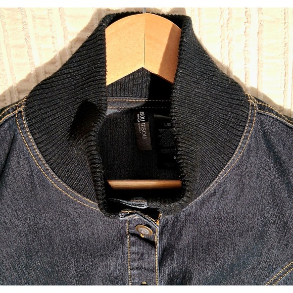 Y2k Denim Cropped Jacket Gold Stitching Ribbed Trim Short Sleeve Moto - Picture 14 of 17